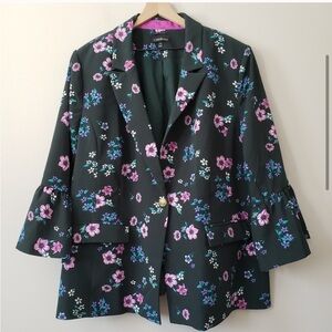 Lane Bryant Floral Print Blazer Bell Sleeve Single Button Green Pink Size 28